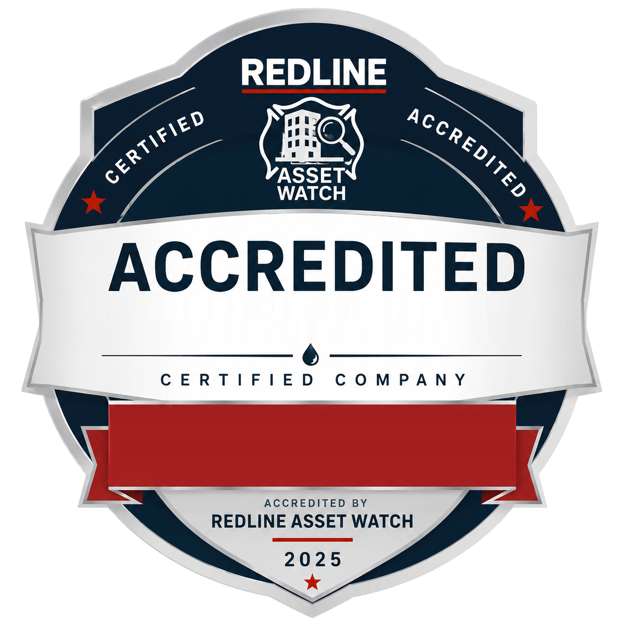 Redline Asset Watch accreditation shield issued to Reed Roofing & Exteriors, endorsed for Roofing