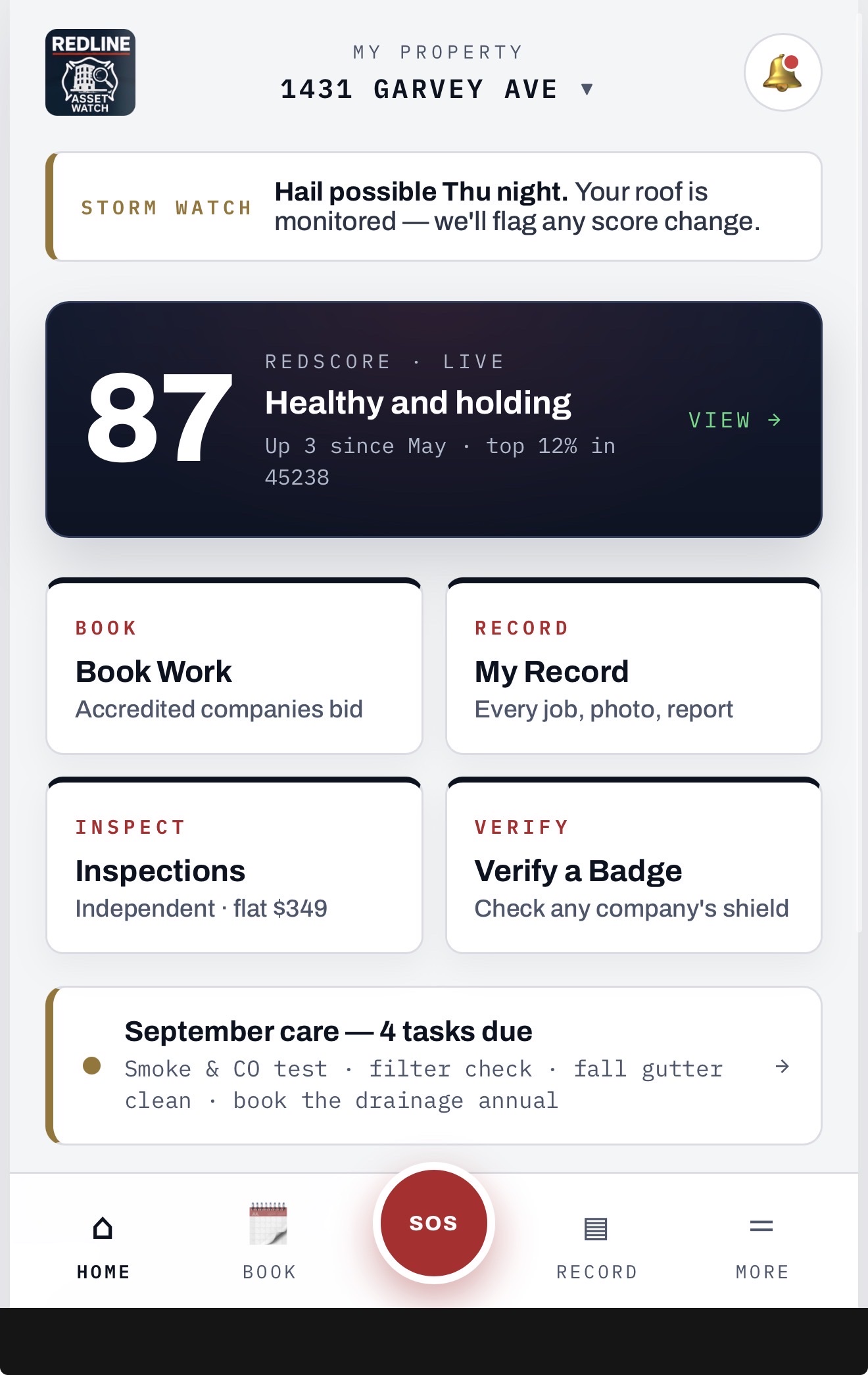 The Redline app home dashboard — live RedScore, a Book Work tile where accredited companies bid, plus My Record, Inspections and Verify a Badge.